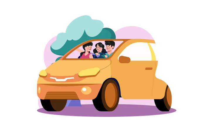 Família jovem sentada em um carro com  Ilustração