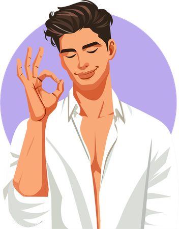 Jovem faz sinal de OK com um sorriso e uma expressão satisfeita  Ilustração
