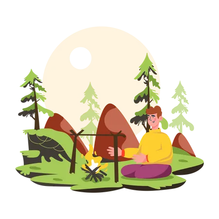 Jovem fazendo acampamento e fogueira na floresta  Ilustração