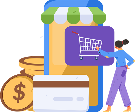 Jovem fazendo compras on-line enquanto faz pagamento com cartão  Ilustração