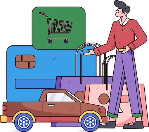 Jovem fazendo pagamento de compras usando cartão  Ilustração