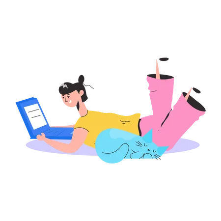 Menina fazendo trabalho no laptop  Ilustração