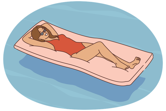 Jovem mulher feliz em biquíni nadando na piscina nas férias de verão  Ilustração