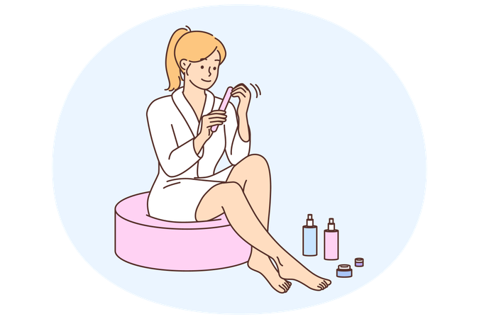 Jovem feliz em roupão fazendo manicure em casa  Ilustração