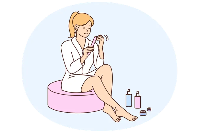 Jovem feliz em roupão fazendo manicure em casa  Ilustração