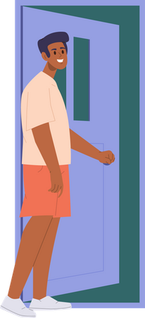 Personagem jovem feliz e sorridente parado na porta aberta segurando a maçaneta  Ilustração