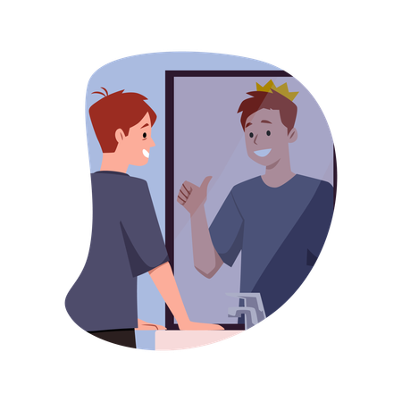 Jovem feliz olhando no espelho e imaginando um reflexo falso é um grande rei com coroa  Ilustração