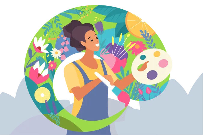 Jovem feliz pintando flores  Ilustração