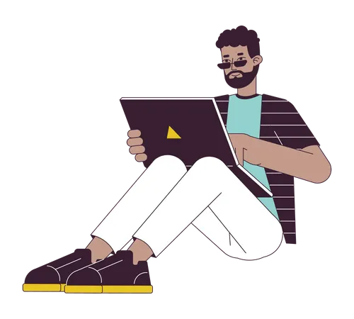 Jovem feliz trabalhando no laptop  Ilustração