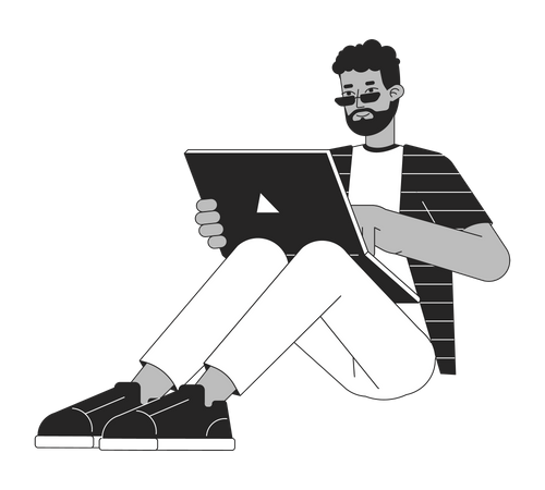 Jovem feliz trabalhando no laptop  Ilustração