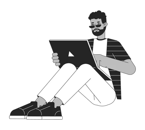 Jovem feliz trabalhando no laptop  Ilustração