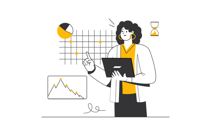 Jovem forma gráficos e diagramas a partir de dados  Ilustração