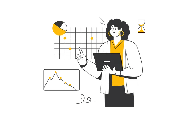 Jovem forma gráficos e diagramas a partir de dados  Ilustração