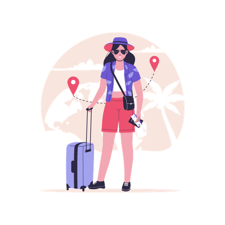 Jovem garota indo para uma viagem ao redor do mundo  Ilustração