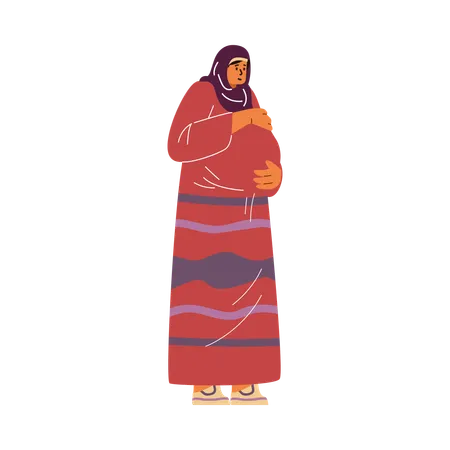 Jovem grávida feliz usando hijab acariciando sua barriga  Ilustração