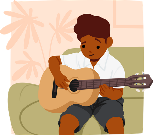 Jovem guitarrista dedilha com alegria  Ilustração