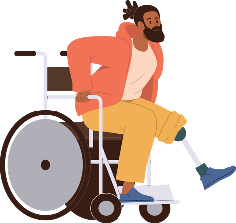 Homem jovem hippie com prótese de perna tentando se levantar da cadeira de rodas  Ilustração