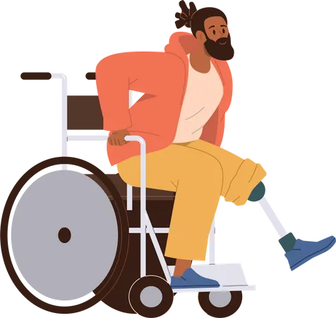 Homem jovem hippie com prótese de perna tentando se levantar da cadeira de rodas  Ilustração
