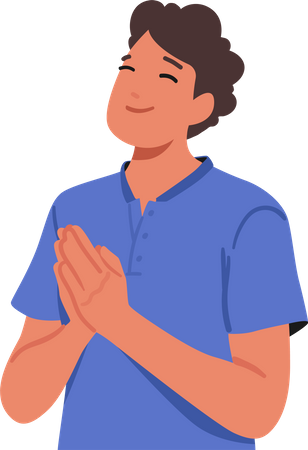 Jovem homem com as palmas das mãos pressionadas e fazendo oração em busca de consolo e orientação  Ilustração