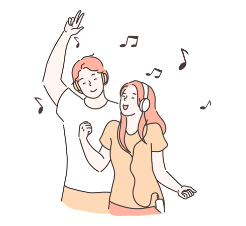 Jovem e mulher curtindo música  Ilustração