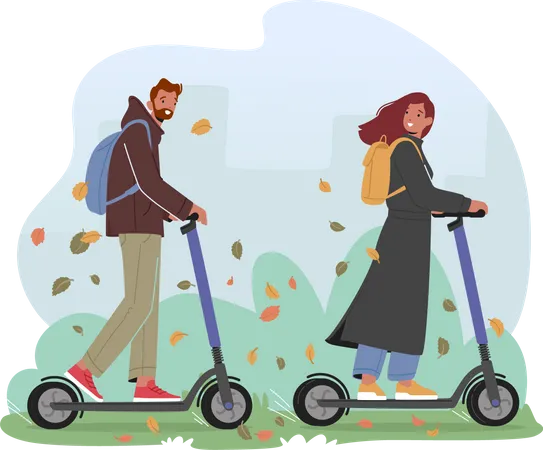 Jovem e mulher dirigindo scooters elétricos no parque da cidade no dia de outono  Ilustração