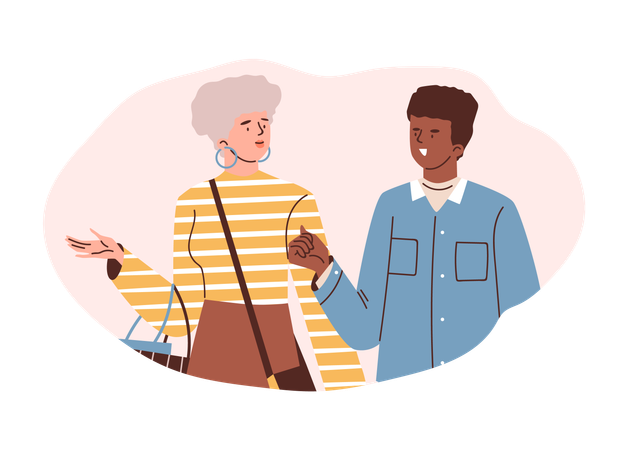 Jovem homem e mulher andando juntos e conversando  Ilustração