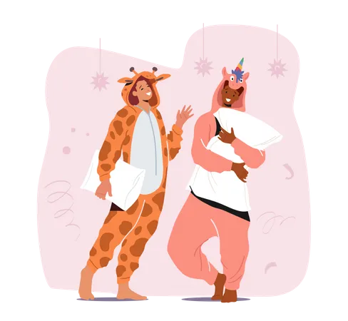 Jovem e mulher vestindo fantasias de animais, unicórnio e girafa  Ilustração