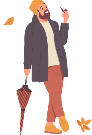 Homem jovem hippie andando na rua do outono fumando cachimbo aproveitando a estação de clima quente  Ilustração