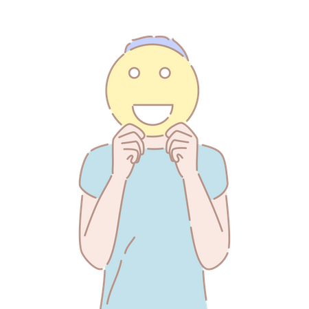 Jovem, segurando um sinal de emoji sorridente na frente de seu rosto, humor alegre, expressão facial positiva  Ilustração