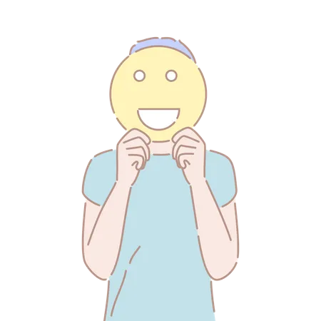 Jovem, segurando um sinal de emoji sorridente na frente de seu rosto, humor alegre, expressão facial positiva  Ilustração