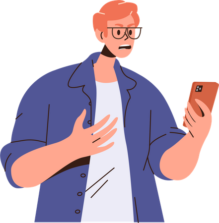 Jovem irritado olhando para a tela do celular  Ilustração