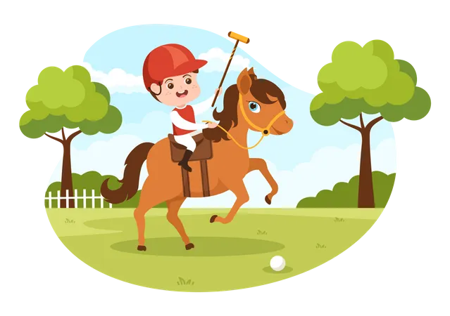 Polo Horse Sports Com Criancas Jogador Andando A Cavalo E Segurando Equipamento De Uso De Vara Definido Em Cartaz De Desenho Animado Plano Ilustracao De Modelo Desenhado A Mao Ilustração