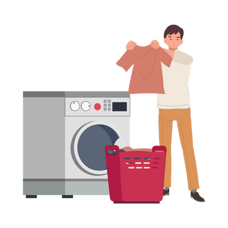 Jovem lavando roupas usando máquina de lavar  Ilustração
