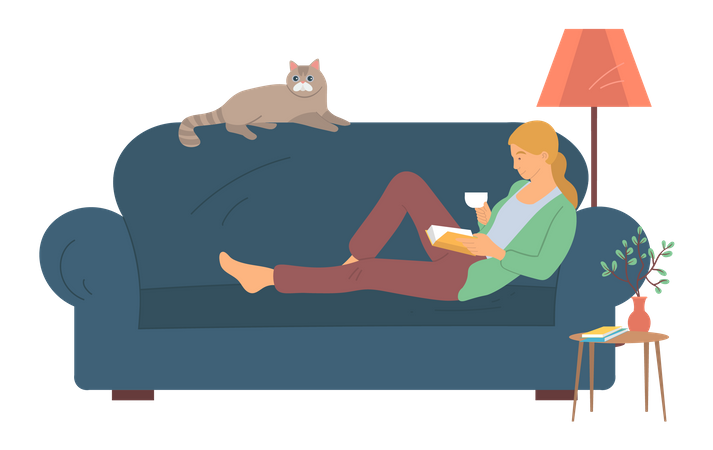 Jovem lendo livro e bebendo chá no sofá  Ilustração