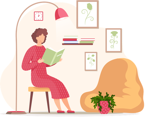 Jovem mulher lendo um livro sentada em uma poltrona na sala de estar  Ilustração