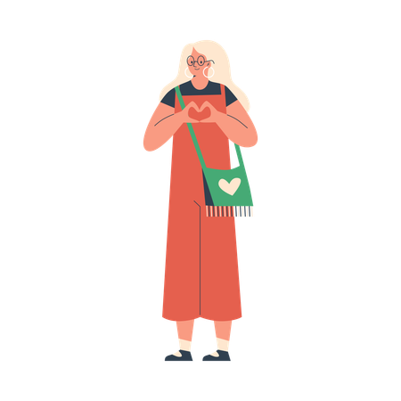 Jovem loira de óculos mostra símbolo de coração com as mãos  Ilustração