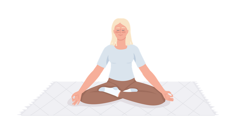 Jovem loira meditando no tapete  Ilustração