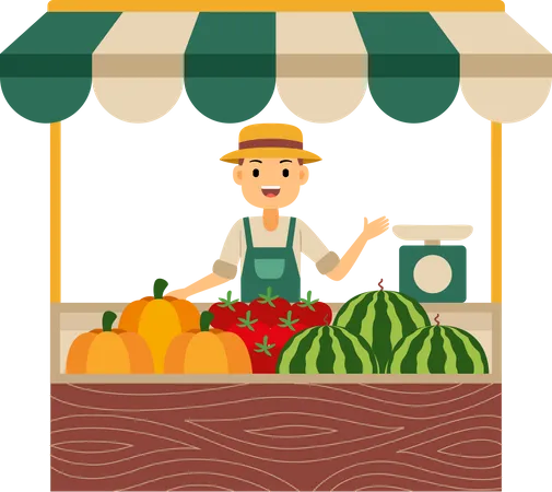 Jovem lojista vendendo frutas frescas  Ilustração