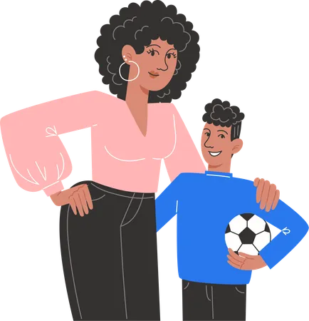 Jovem mãe abraçando o filho segurando uma bola de futebol  Ilustração