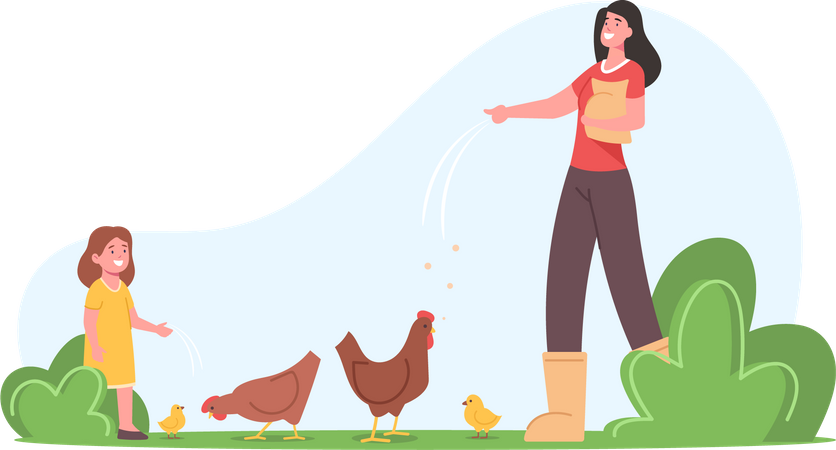 Jovem mãe com filha alimentando aves na fazenda  Ilustração