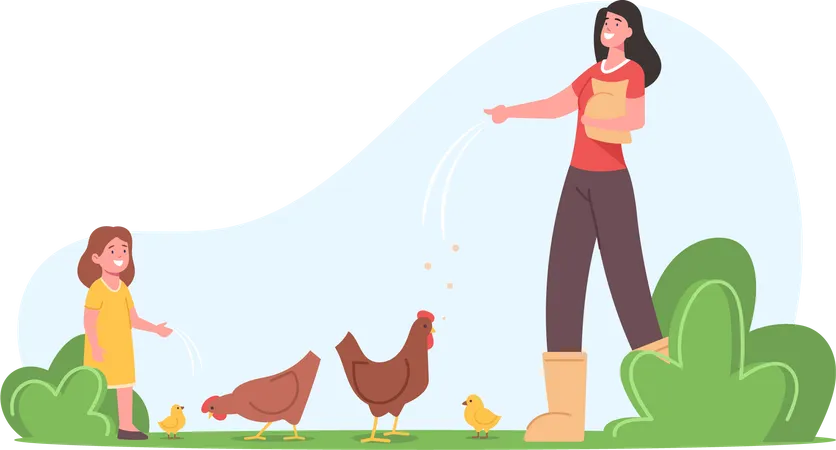 Jovem mãe com filha alimentando aves na fazenda  Ilustração