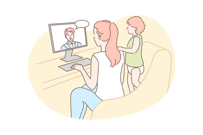 Jovem mãe com filha se comunica conversando conversando com o pai online  Ilustração