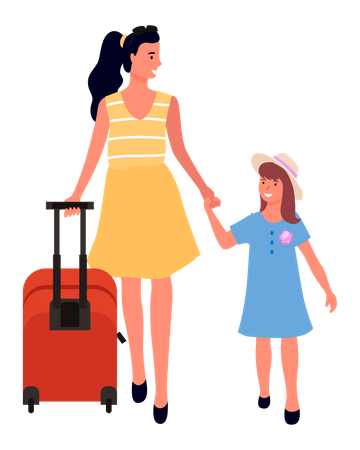 Jovem mãe com filha no aeroporto  Ilustração