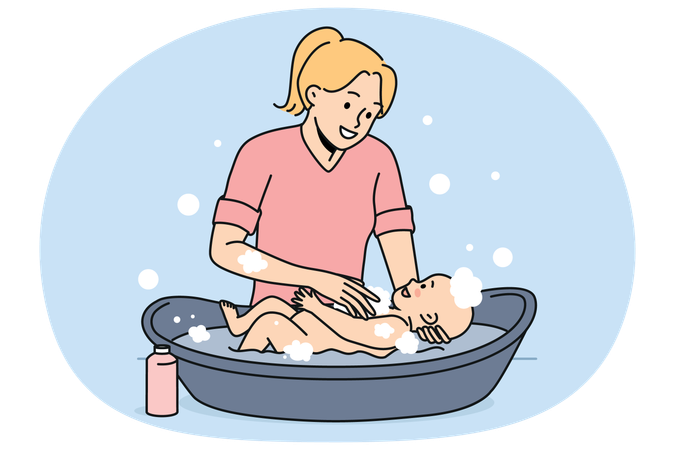 Jovem mãe dando banho em seu bebê  Ilustração