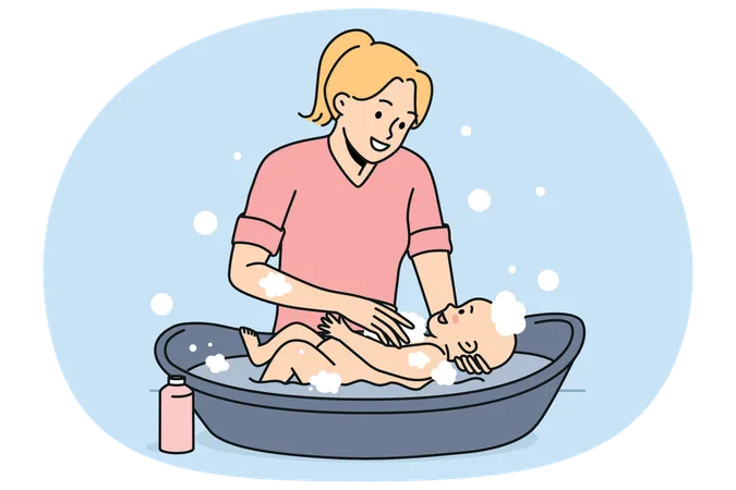Jovem mãe dando banho em seu bebê  Ilustração