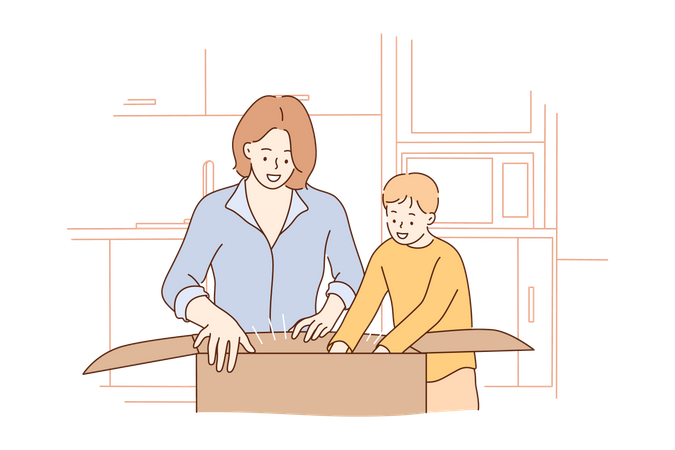Jovem mãe e filho desempacotando presente  Ilustração