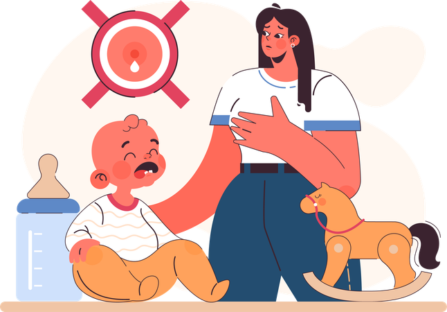 Jovem mãe para de alimentar seu bebê com leite materno  Ilustração