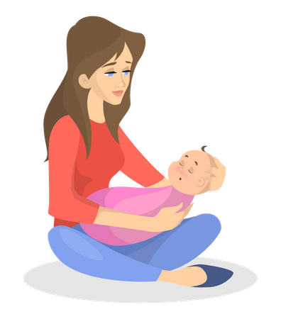 Jovem mãe segurando uma criança recém-nascida dormindo  Ilustração