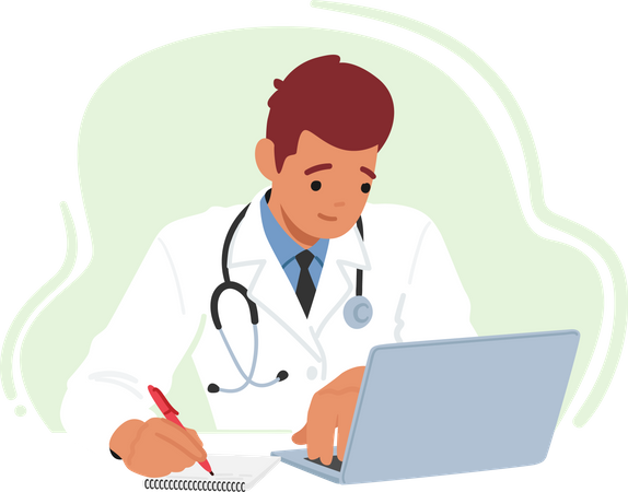 Jovem médico masculino com laptop na mesa  Ilustração