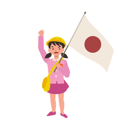 Jovem garota em uniforme de jardim de infância acenando bandeira japonesa  Ilustração